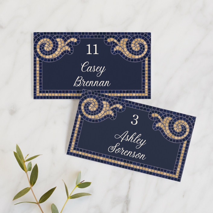 "Mosaic" - Place Cards in Navy by GeekInk Design - Front with Free Guest Printing
