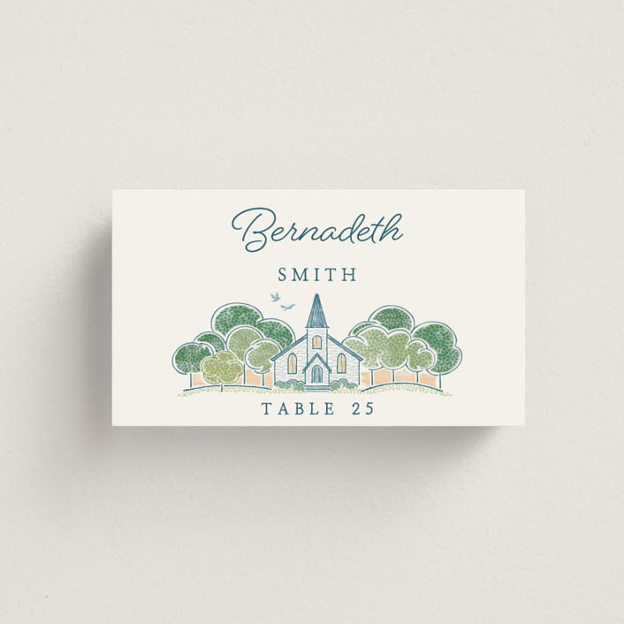 "Going to the Chapel" - Place Cards in Meadow by Paper Sun Studio - Front with Free Guest Printing