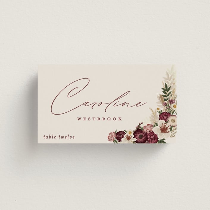 "Dried Floral Wreath" - Place Cards in Cabernet by Erin Deegan - Front with Free Guest Printing