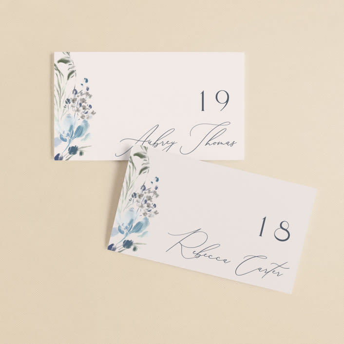 "Wildflower Wreath" - Place Cards in Sky by Grace Kreinbrink - Front with Free Guest Printing