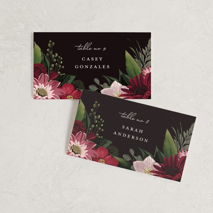 "Midnight Botanicals" - Place Cards in Cranberry by Susan Moyal - Front with Free Guest Printing