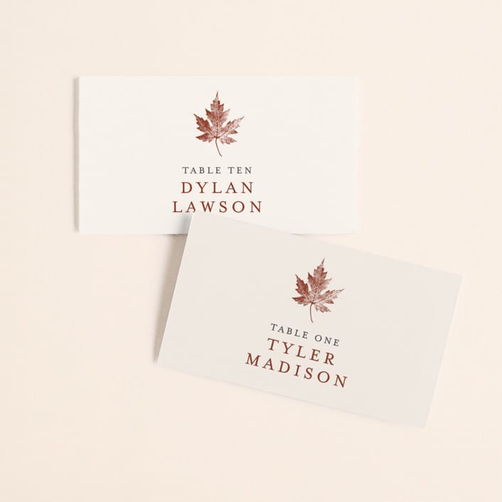 "Leaf Print" - Place Cards in Rust by Katharine Watson - Front with Free Guest Printing