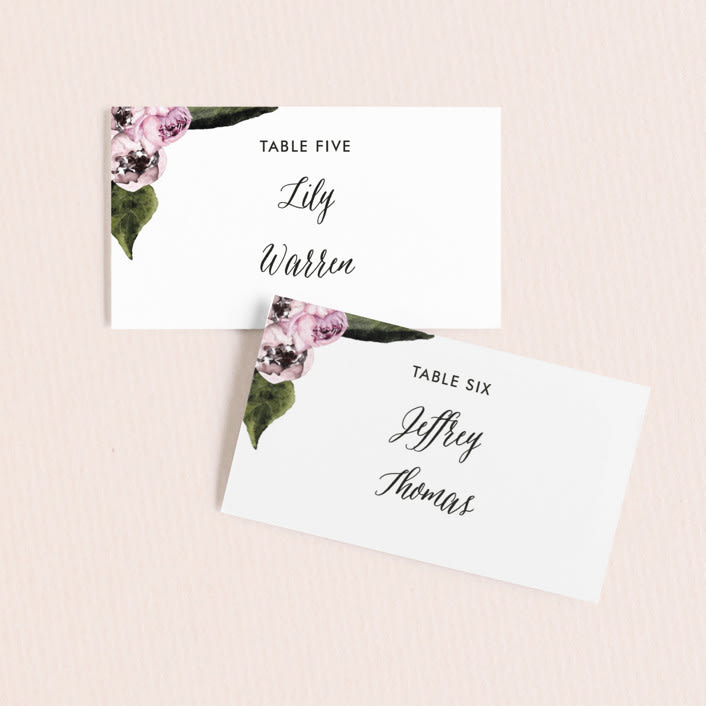 "Peony" - Place Cards in Ice Mist by Cass Loh - Front with Free Guest Printing