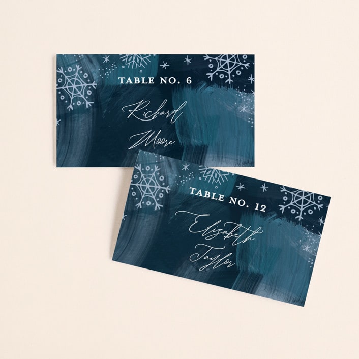 "Midnight Snowfall" - Place Cards in Navy by Alethea and Ruth - Front with Free Guest Printing