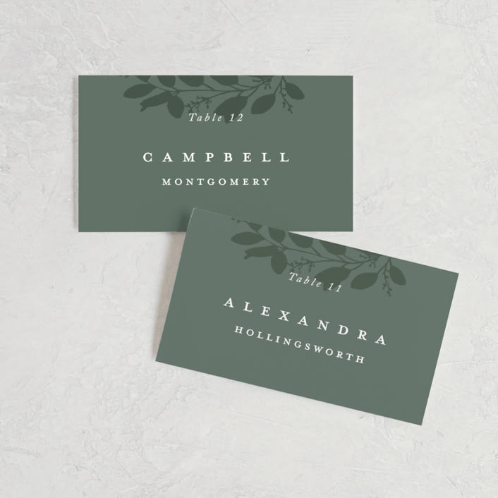 "Falling Branch" - Place Cards in Eucalyptus by Amy Kross - Front with Free Guest Printing