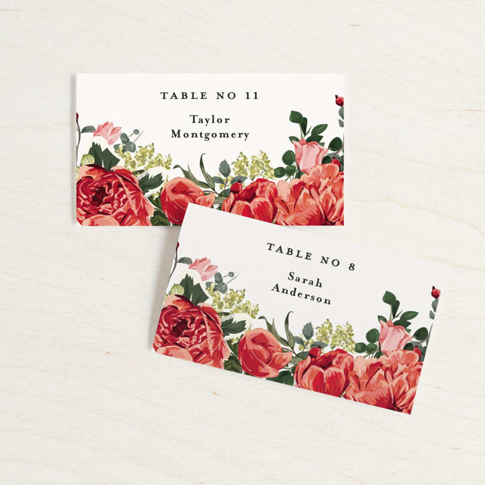 "Peonies Forever" - Place Cards in Coral by Susan Moyal - Front with Free Guest Printing