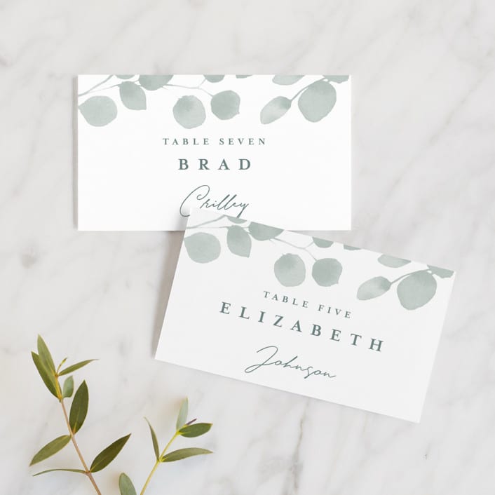 "Silver Dollar Eucalyptus" - Place Cards in Silver Dollar by Shannon Chen of Four Wet Feet Studio - Front with Free Guest Printing
