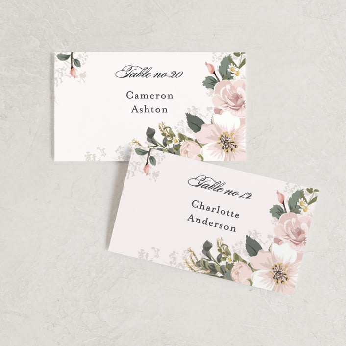 "Spring Botanicals" - Place Cards in Blush by Susan Moyal - Front with Free Guest Printing