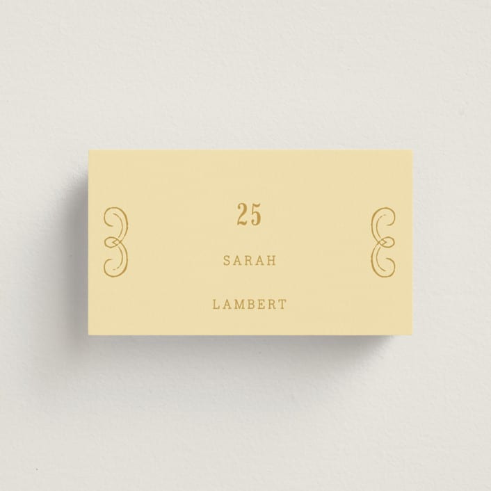 "Vintage Label" - Place Cards in Butter by Nazia Hyder - Front with Free Guest Printing