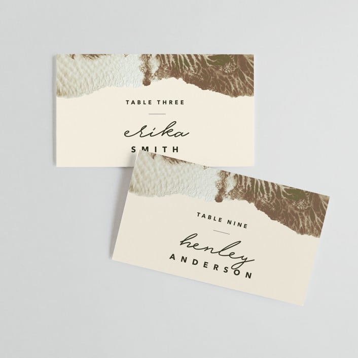 "Organic Elegance" - Place Cards in Sand by Carrie Moradi - Front with Free Guest Printing