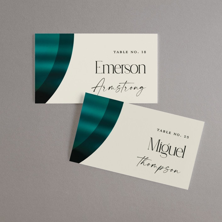"Spectrum" - Place Cards in Teal by Heather Schertzer - Front with Free Guest Printing
