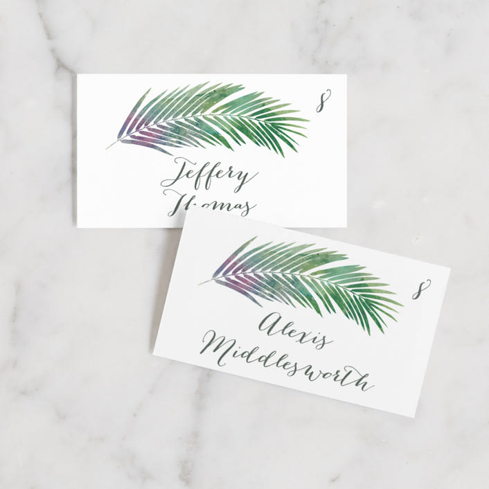 "Tropical Foliage" - Place Cards in Fern by Hooray Creative - Front with Free Guest Printing