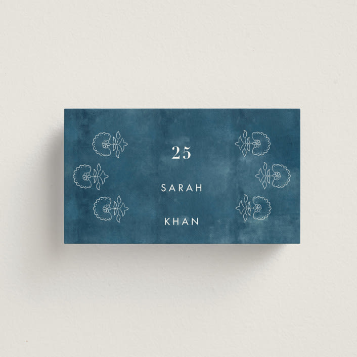"Kantha Quilt" - Place Cards in Indigo by Nazia Hyder - Front with Free Guest Printing
