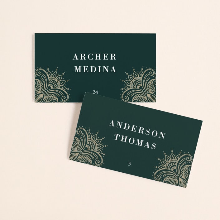 "Engraved Paisley" - Place Cards in Cardamom by Oma N. Ramkhelawan - Front with Free Guest Printing