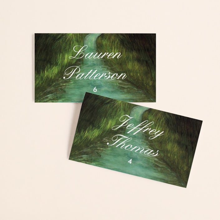"Adventure Begins" - Place Cards in Forest by Elly - Front with Free Guest Printing