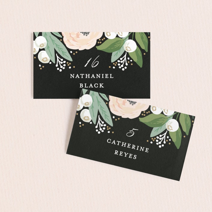 "Blooming Bouquet" - Place Cards in Charcoal by Alethea and Ruth - Front with Free Guest Printing