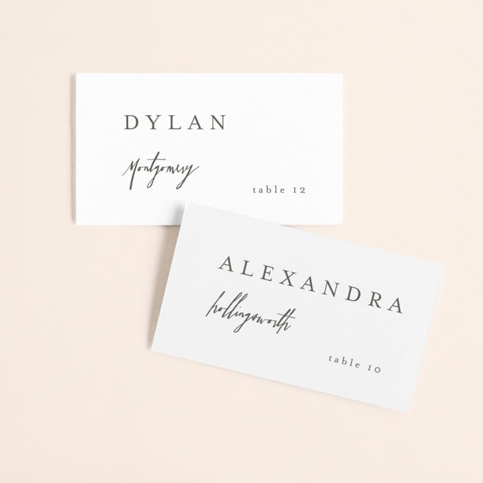"Stacked date" - Place Cards in Cotton by Amy Kross - Front with Free Guest Printing