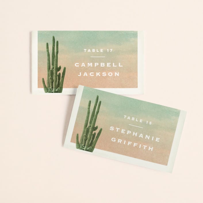 "Postcard from the Desert" - Place Cards in Sunset by Pink House Press - Front with Free Guest Printing