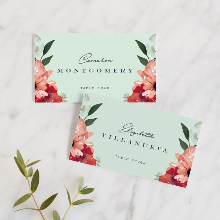 "Cascading Florals" - Place Cards in Rouge by Leah Bisch - Front with Free Guest Printing