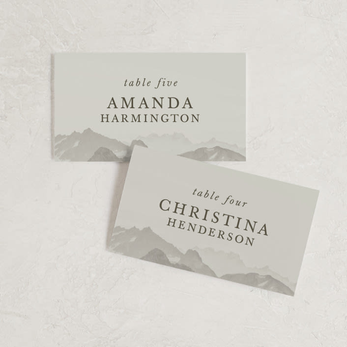 "Modern Mountain" - Place Cards in Fog by Stephanie Biller - Front with Free Guest Printing