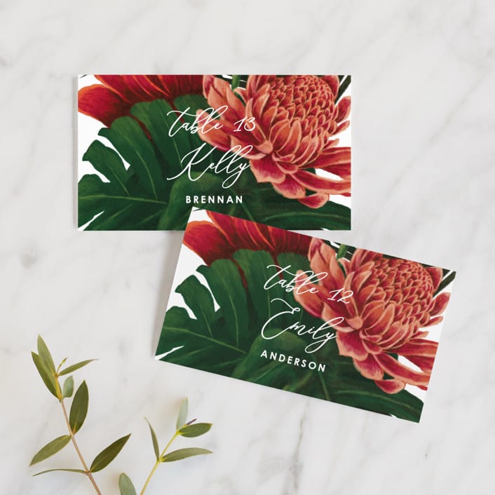 "Tropical Bouquet" - Place Cards in Basil by Elly - Front with Free Guest Printing