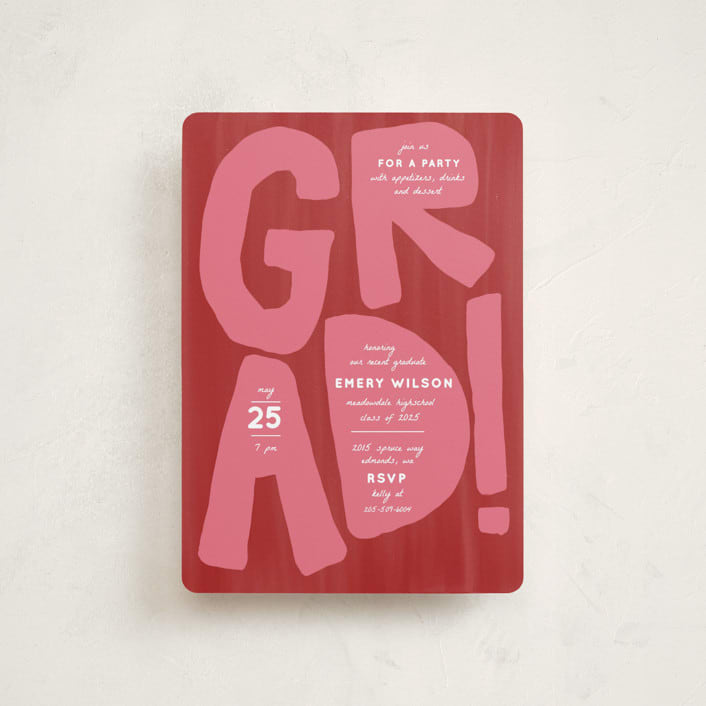"GRAD!" - Graduation Party Invitations in Ruby by Erin Kessler - Front