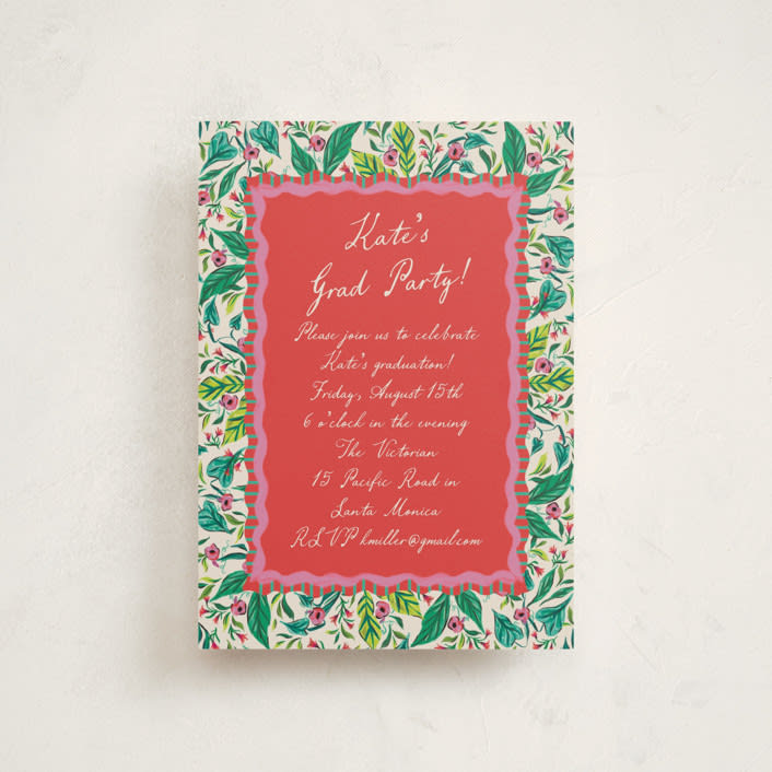 "Whimsical Hand Illustrated Crest" - Graduation Party Invitations in Peony by Jackie Crawford - Front