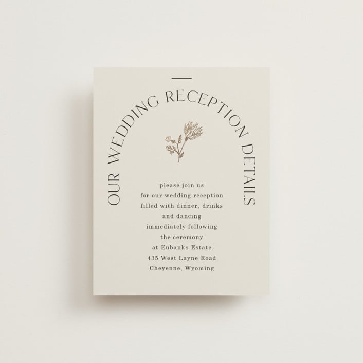 "Floral Type Arch" - Reception Cards in Linen by Baumbirdy - Front
