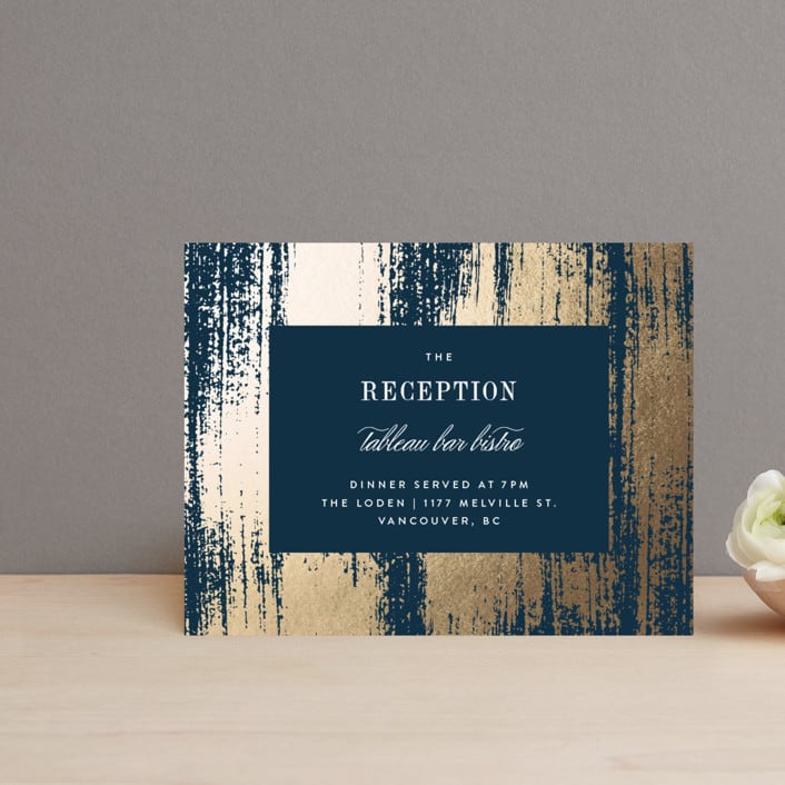 "Gold Leaf" - Reception Cards in Indigo by Kelly Schmidt - Front