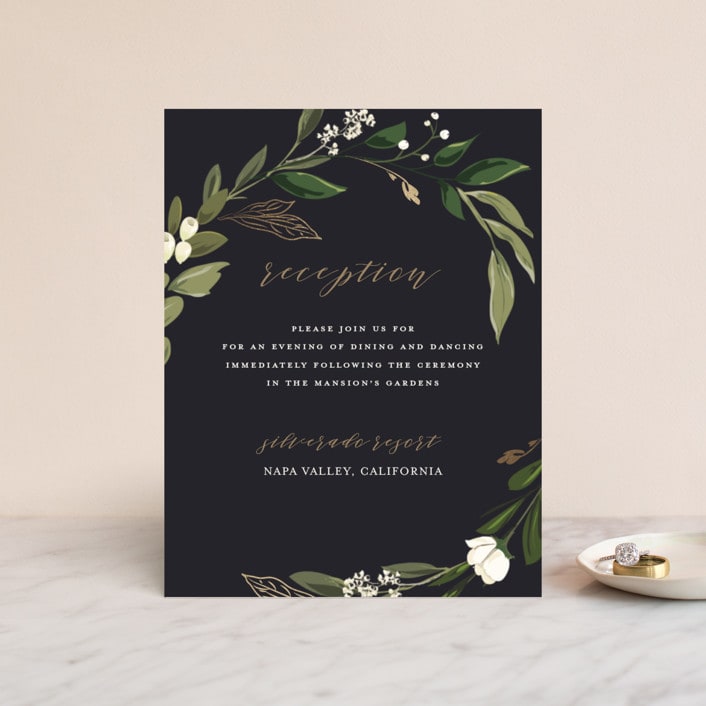 "Greenery Crown" - Reception Cards in Midnight by Susan Moyal - Front