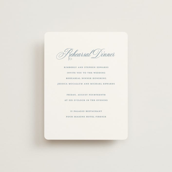 "Empire" - Rehearsal Dinner Cards in Dusty Blue by Jennifer Postorino - Front