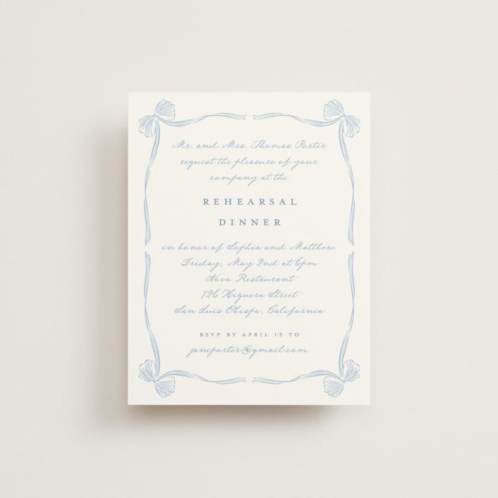 "Bow Frame" - Rehearsal Dinner Cards in Lagoon by Leah Bisch - Front