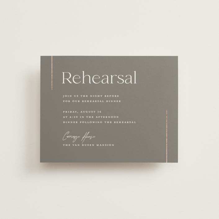 "Simple Lines" - Foil-Pressed Rehearsal Dinner Cards in Snow by Michelle Taylor - Front