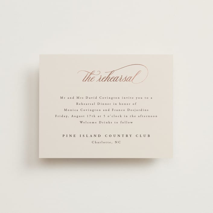 "And Centered" - Foil-Pressed Rehearsal Dinner Cards in Cream by Hooray Creative - Front