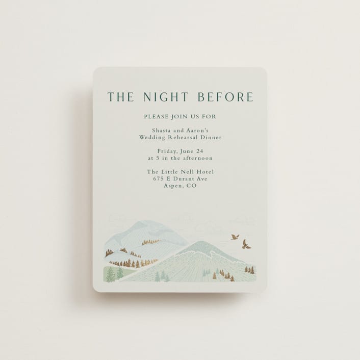 "Mountaintop" - Foil-Pressed Rehearsal Dinner Cards in Evergreen by Paper Sun Studio - Front