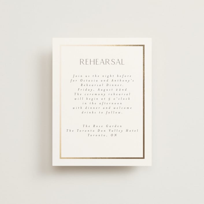 "Regal" - Foil-Pressed Rehearsal Dinner Cards in Porcelain by Nicole Walsh - Front