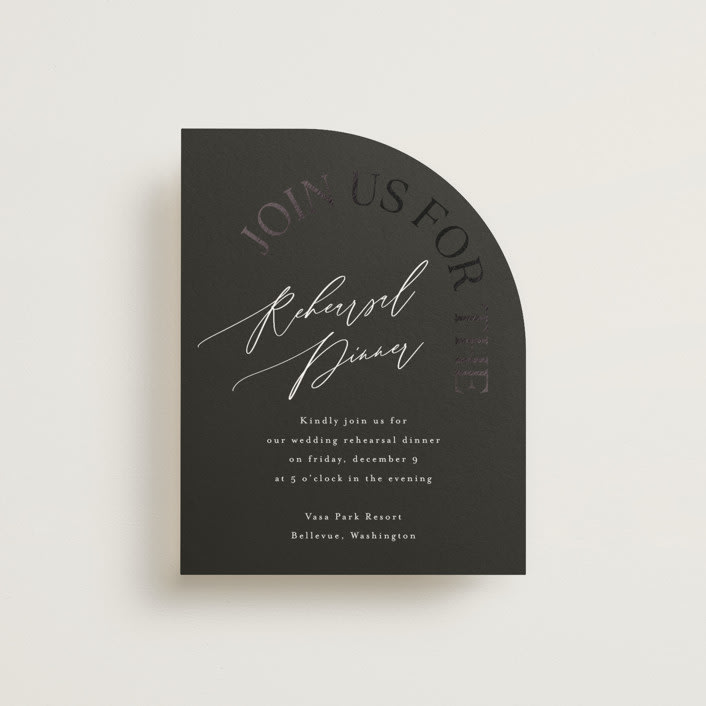 "The Arc" - Foil-Pressed Rehearsal Dinner Cards in Truffle by Vera Lim - Front
