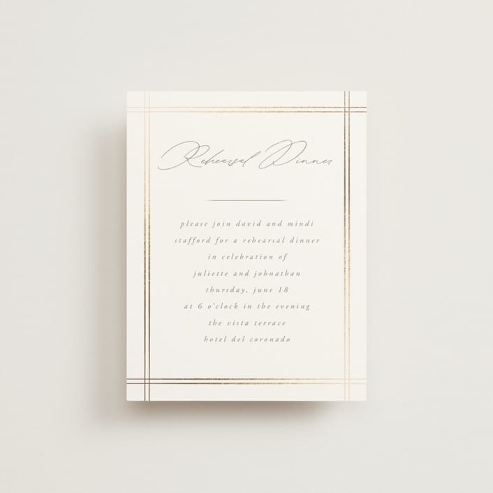 "Classic Line Frame" - Foil-Pressed Rehearsal Dinner Cards in Silk by Wildfield Paper Co - Front