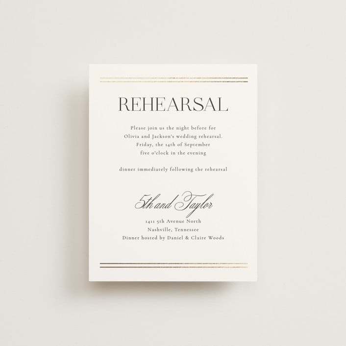"Fineline" - Foil-Pressed Rehearsal Dinner Cards in Spun Sugar by Jessica Williams - Front