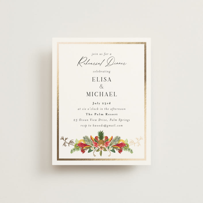 "Tropica" - Foil-Pressed Rehearsal Dinner Cards in Papaya by Susan Moyal - Front
