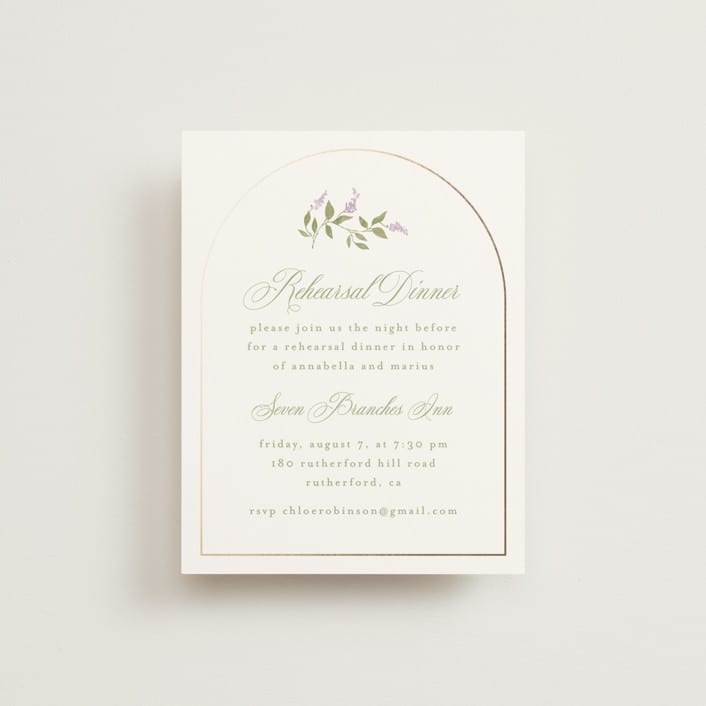 "Marmont" - Foil-Pressed Rehearsal Dinner Cards in Lilac by Kristie Kern - Front