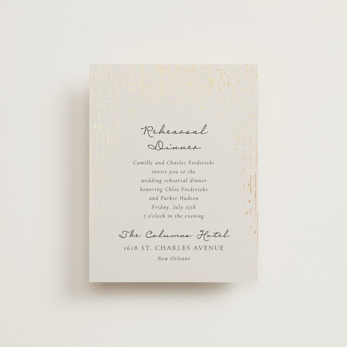 "Hand Illustrated Whimsical Chandelier" - Foil-Pressed Rehearsal Dinner Cards in Noir by Jackie Crawford - Front