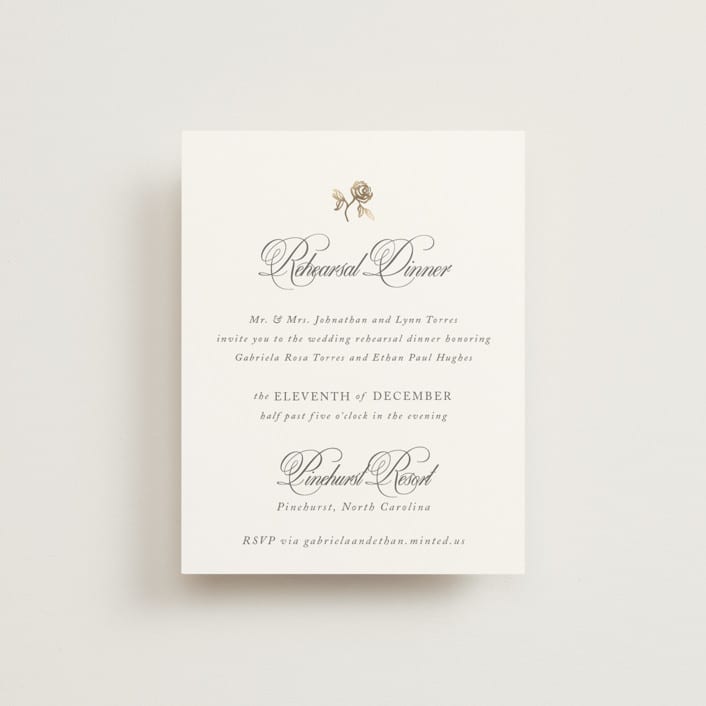 "Here With You" - Foil-Pressed Rehearsal Dinner Cards in Classic Bride by Design Lotus - Front