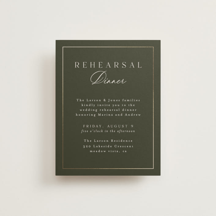 "refined" - Foil-Pressed Rehearsal Dinner Cards in Deep Olive by Nicole Walsh - Front