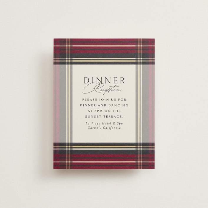 "Holiday Tartan" - Reception Cards in Cranberry by Erin Deegan - Front