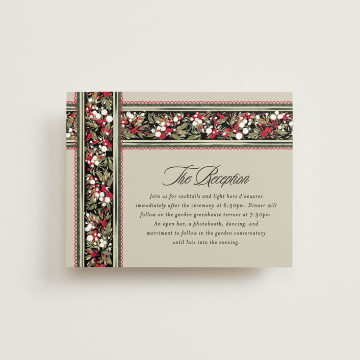 "Holiday Ribbon" - Reception Cards in Ruby by Jackie Crawford - Front