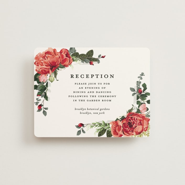 "Peonies Forever" - Reception Cards in Coral by Susan Moyal - Front