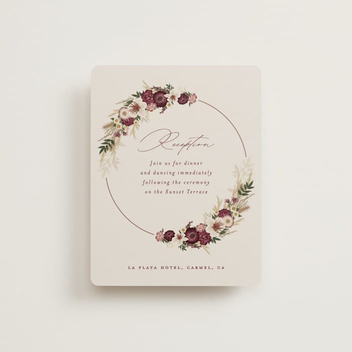 "Dried Floral Wreath" - Reception Cards in Cabernet by Erin Deegan - Front