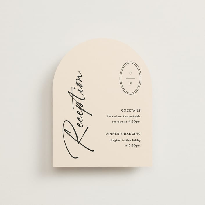 "Script and Monogram" - Reception Cards in Sand by Carolyn MacLaren - Front