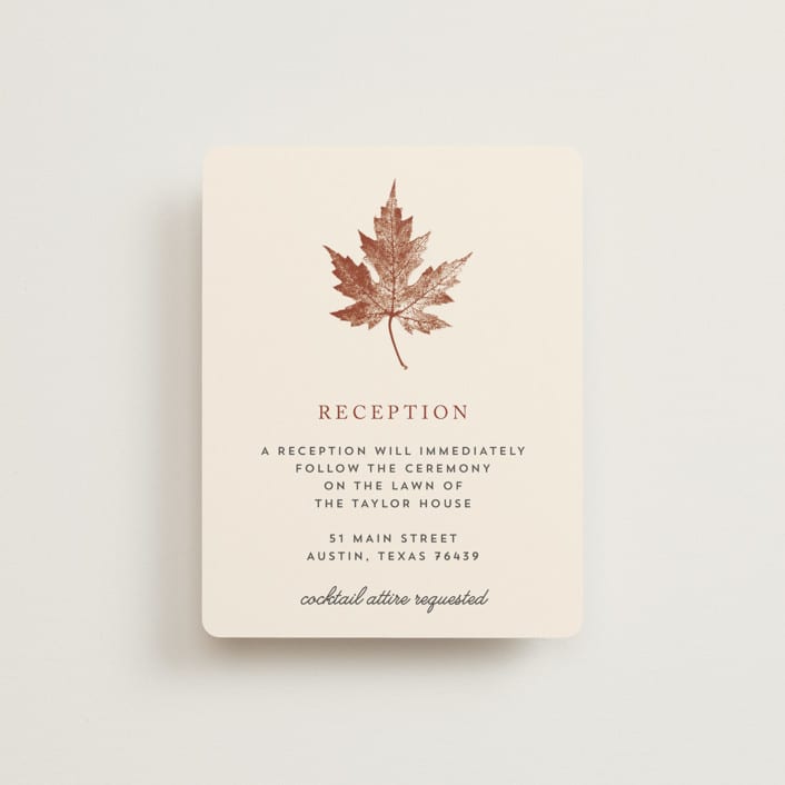 "Leaf Print" - Reception Cards in Rust by Katharine Watson - Front